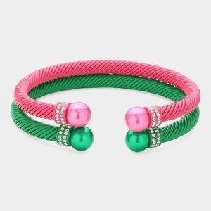 Pink & Green 2 Pc Pearl Tip Twisted Rope Cable Style Cuff Bracelet Bangle Metal